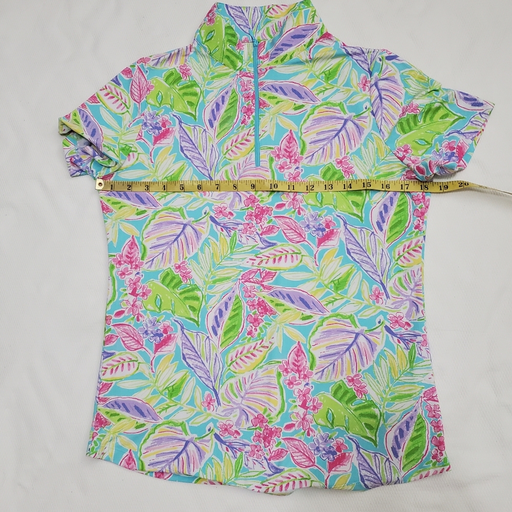 IBKUL Short Sleeve Mock Neck Quarter Zip Tropical Print Athleisure Top Small - Picture 5 of 6